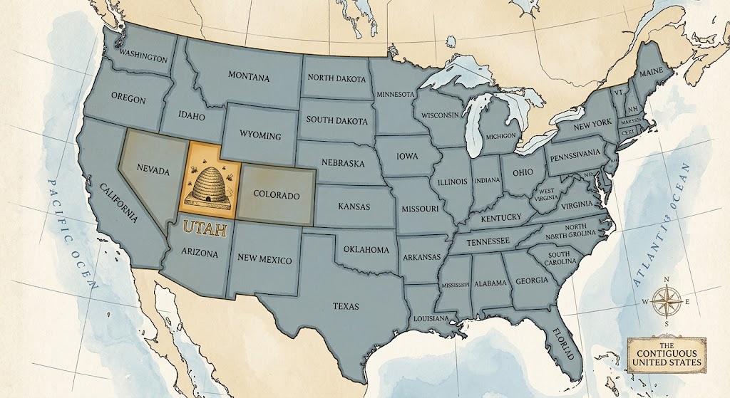 Map of the contiguous United States with Utah, the Beehive State, highlighted